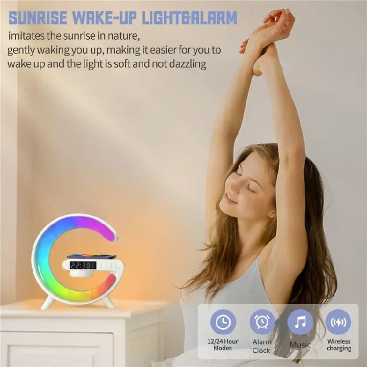 Multifunction RGB Wireless Charger Stand with Alarm Clock & Speaker