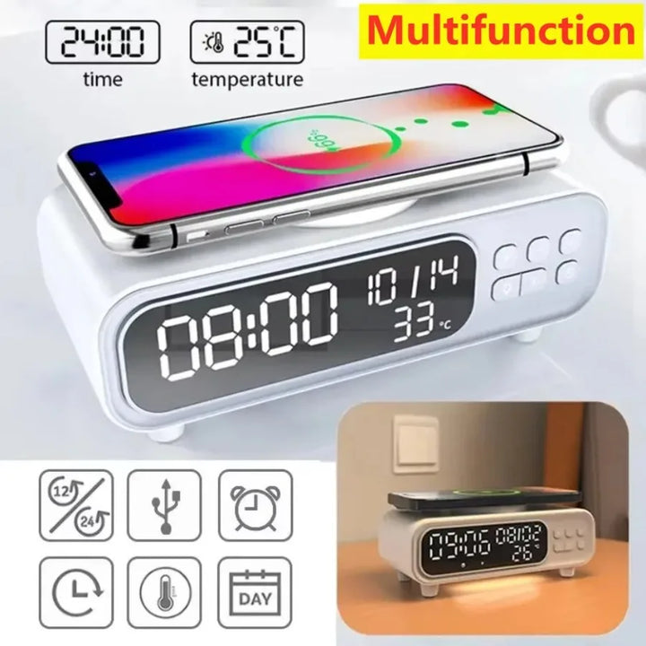 Multifunction Wireless Charger Time Alarm Clock LED Night Light Thermometer Phone Fast Charging Dock Station for iPhone 16 15