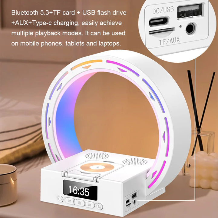 4 in 1 Bluetooth Speaker Support USB Drive TF Card Wireless Charger Dock Bedside Lamp Alarm Clock Wake Up Light