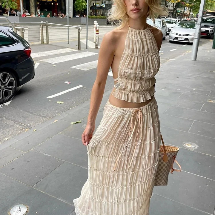 Set with white dress with open back and strapless, short top, long fold-over skirt, women's 2-piece beachwear set