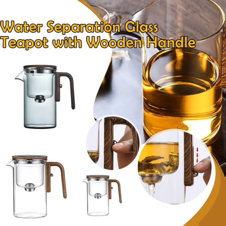 Glass Teapot with Magnetic Tea Separation – One-Click Filter, Wooden Handle & Inner Container