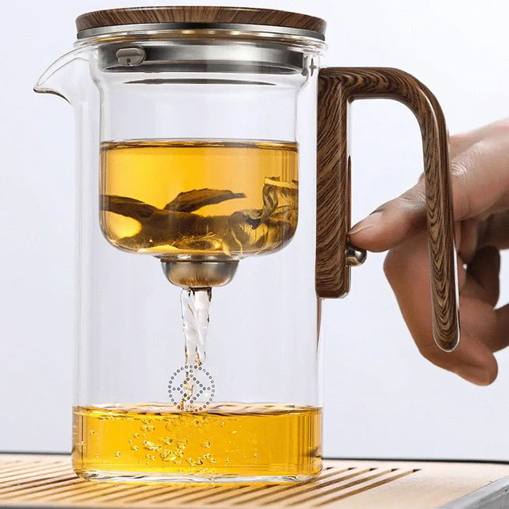 Glass Teapot with Magnetic Tea Separation – One-Click Filter, Wooden Handle & Inner Container