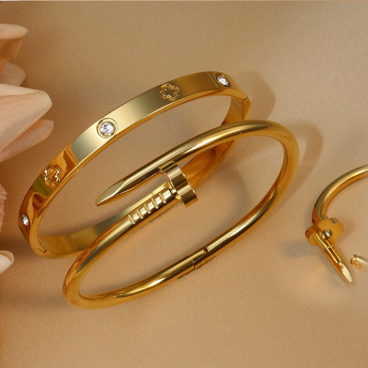 2-in-1 Hot Selling Heart Shaped Zircon Stainless Steel Gold Color Bracelet Ladies Jewelry Wholesale Gift Bangles