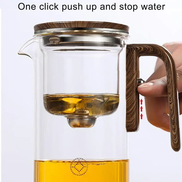 Glass Teapot with Magnetic Tea Separation – One-Click Filter, Wooden Handle & Inner Container