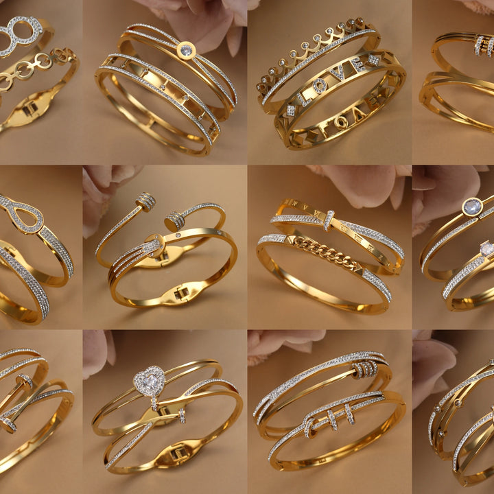 2-in-1 Hot Selling Heart Shaped Zircon Stainless Steel Gold Color Bracelet Ladies Jewelry Wholesale Gift Bangles
