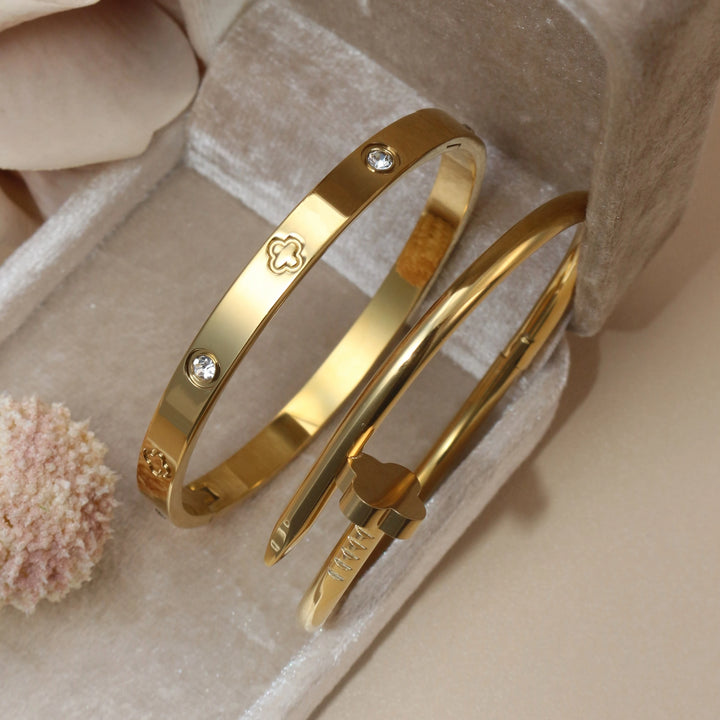 2-in-1 Hot Selling Heart Shaped Zircon Stainless Steel Gold Color Bracelet Ladies Jewelry Wholesale Gift Bangles