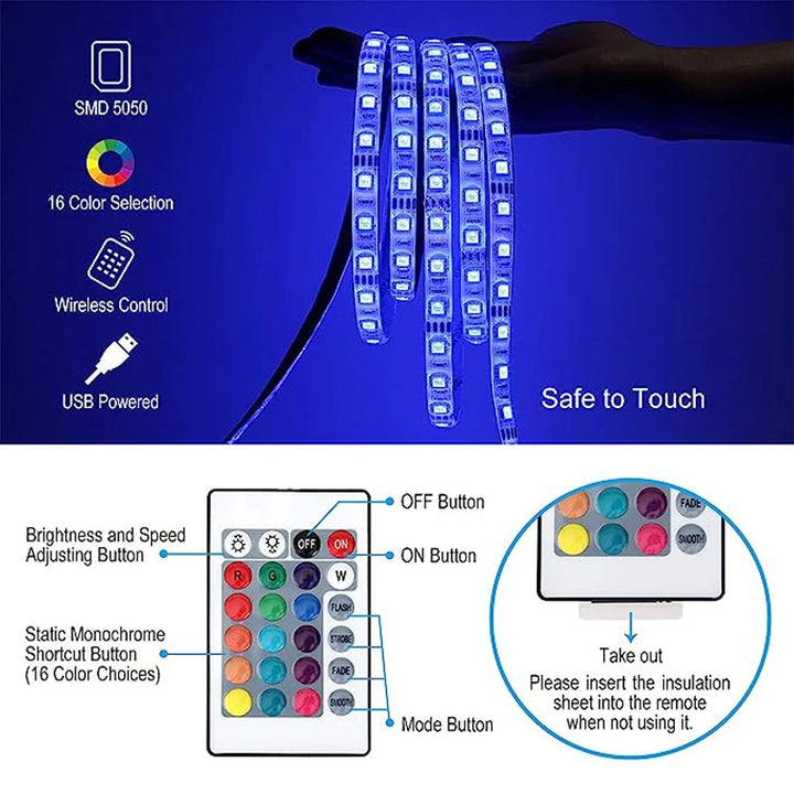 "USB LED Strip Light – 5M Color-Changing RGB for TV, Gaming & Parties "