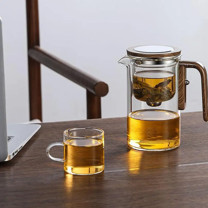 Glass Teapot with Magnetic Tea Separation – One-Click Filter, Wooden Handle & Inner Container