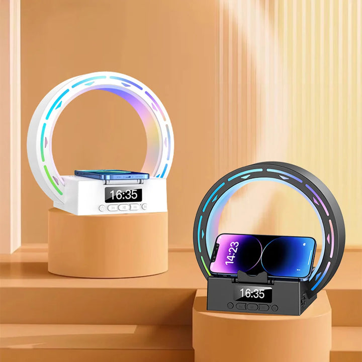 4 in 1 Bluetooth Speaker Support USB Drive TF Card Wireless Charger Dock Bedside Lamp Alarm Clock Wake Up Light