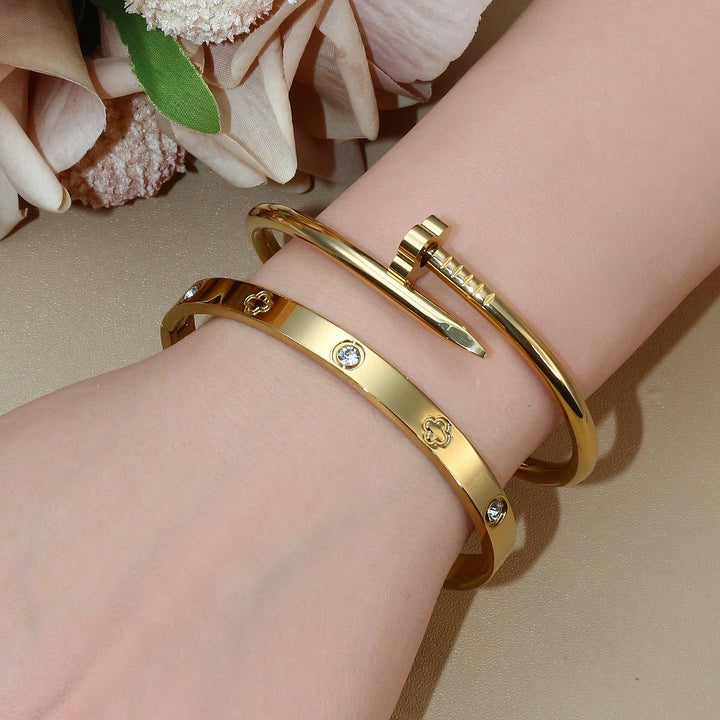 2-in-1 Hot Selling Heart Shaped Zircon Stainless Steel Gold Color Bracelet Ladies Jewelry Wholesale Gift Bangles