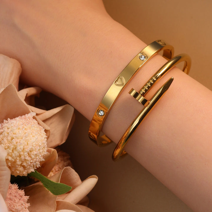 2-in-1 Hot Selling Heart Shaped Zircon Stainless Steel Gold Color Bracelet Ladies Jewelry Wholesale Gift Bangles