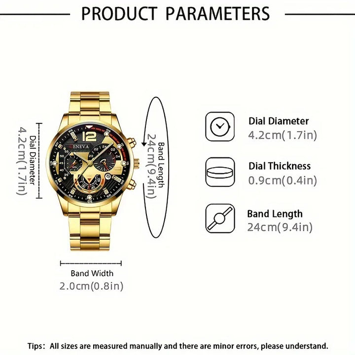 4pcs Luxury Men Business Quartz Watch Gold Alloy Roman with Calendar Wrist Watch Cross Necklace Bracelet Ring Set Men's Gift