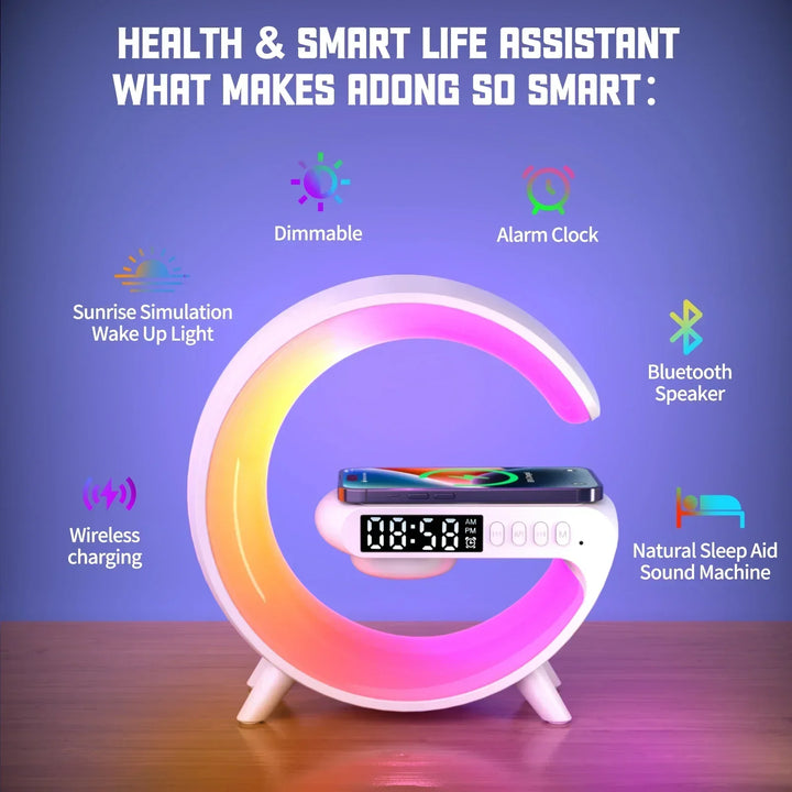 Multifunction RGB Wireless Charger Stand with Alarm Clock & Speaker