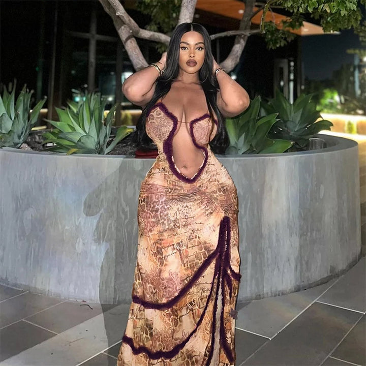 Women Noble Furry Halter Sleeveless Hollow Dress Camisole Shrunk Split Wave Cut Dress Luxury Prom Occasion