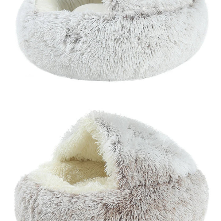 Plush Covered Cat Bed – Warm Round Sleeping Nest for Small Dogs & Kittens