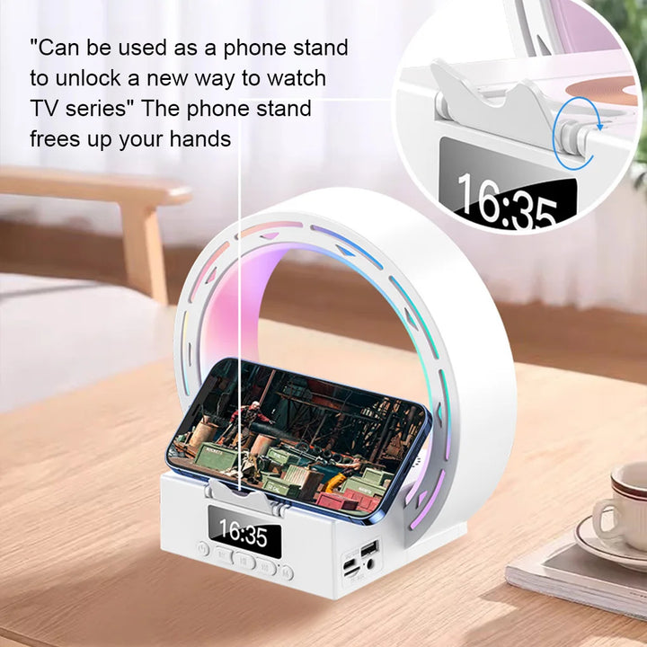 4 in 1 Bluetooth Speaker Support USB Drive TF Card Wireless Charger Dock Bedside Lamp Alarm Clock Wake Up Light